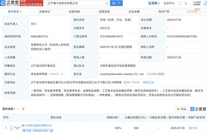 曼卡龙在辽宁新设珠宝公司，工艺美术品市场迎来新活力